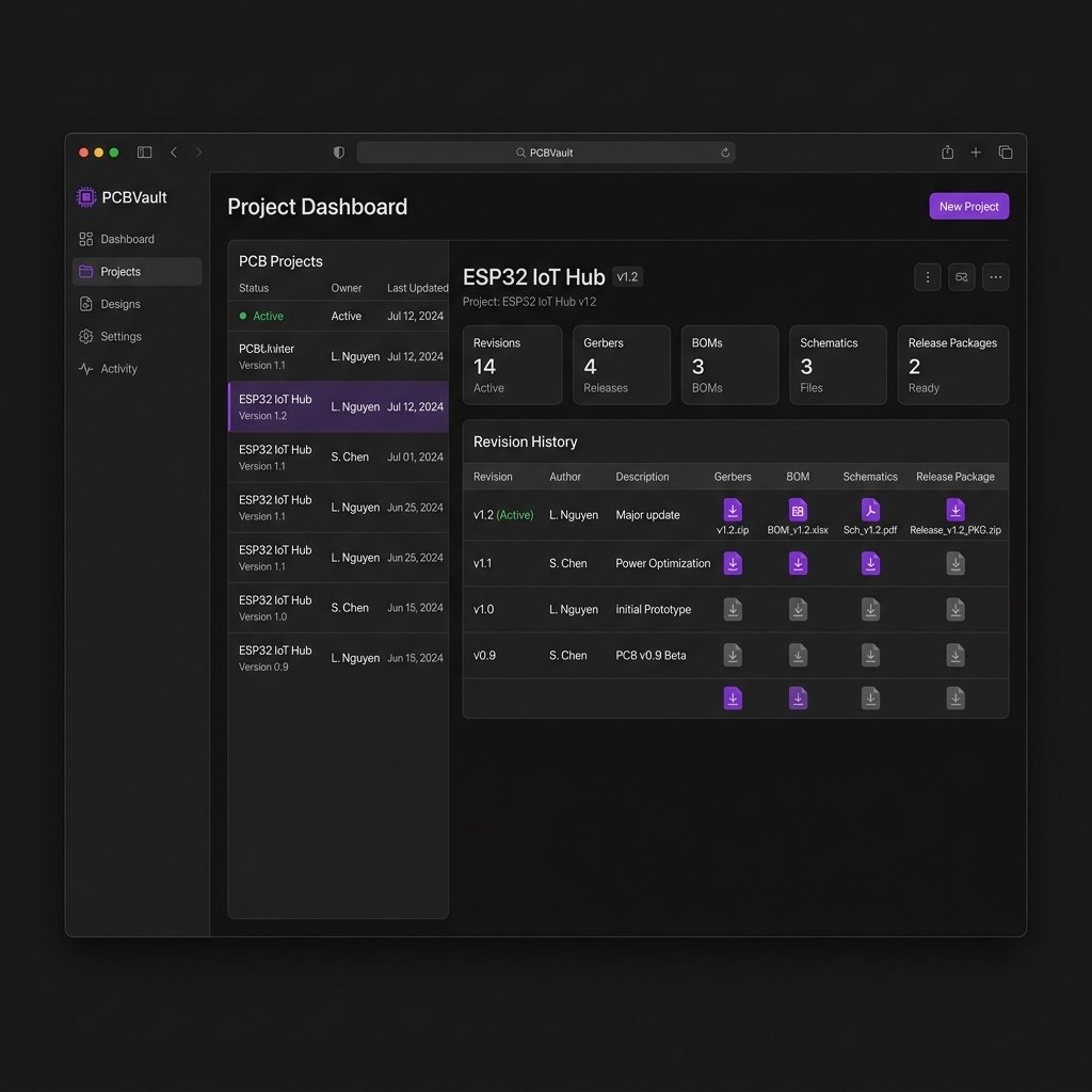 PCBVault Software release management workspace showing projects dashboard
